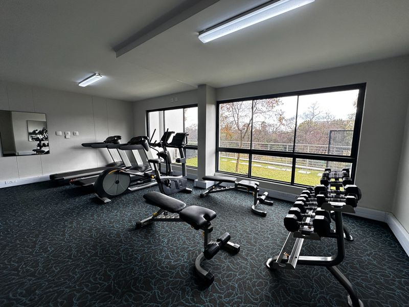 A well-lit, functional apartment gym featuring large windows with exterior views, carpeted flooring, and dedicated space for exercise equipment.