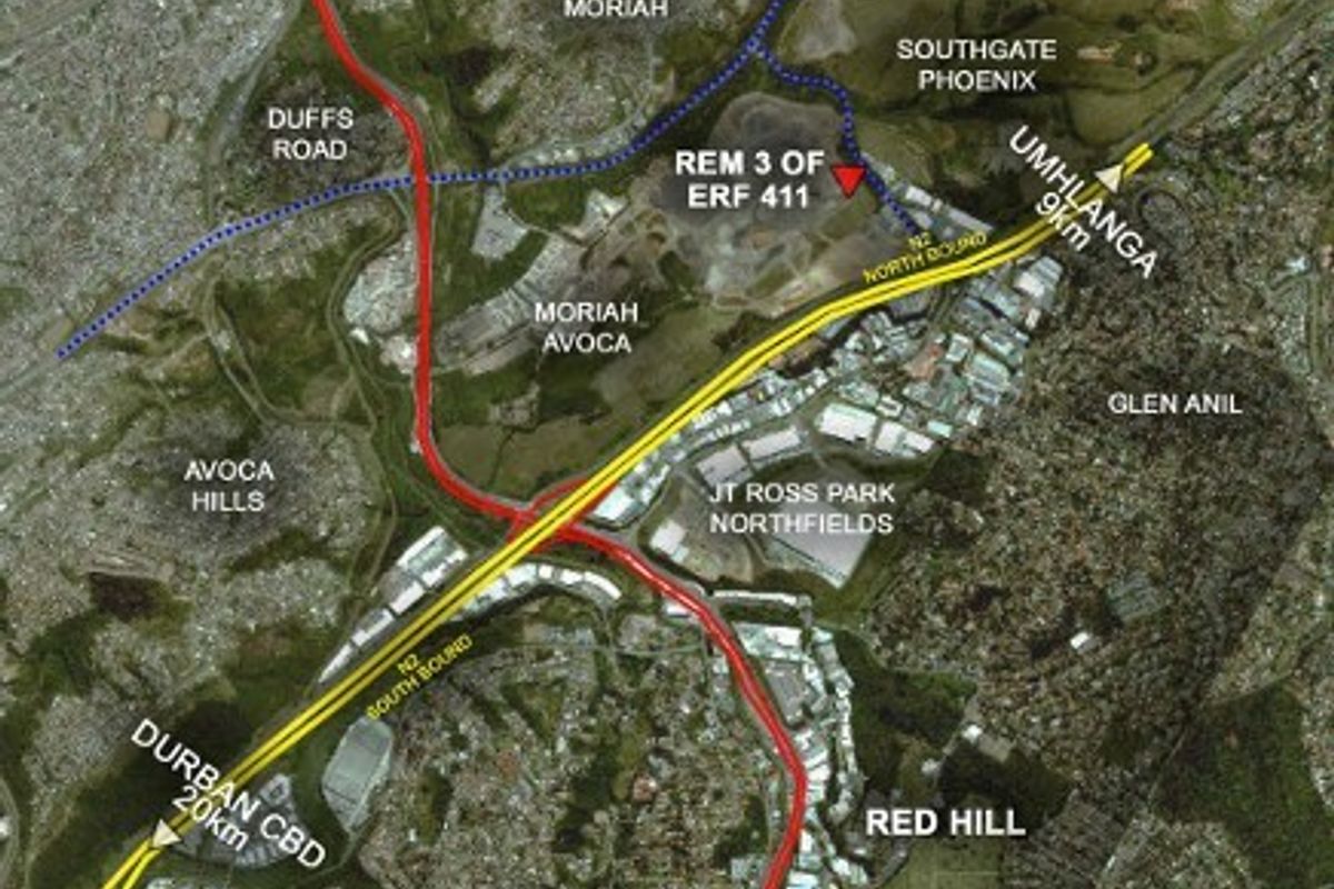Aerial map view highlighting the location of Rem 3 of Erf 411 in relation to major roads and surrounding areas.