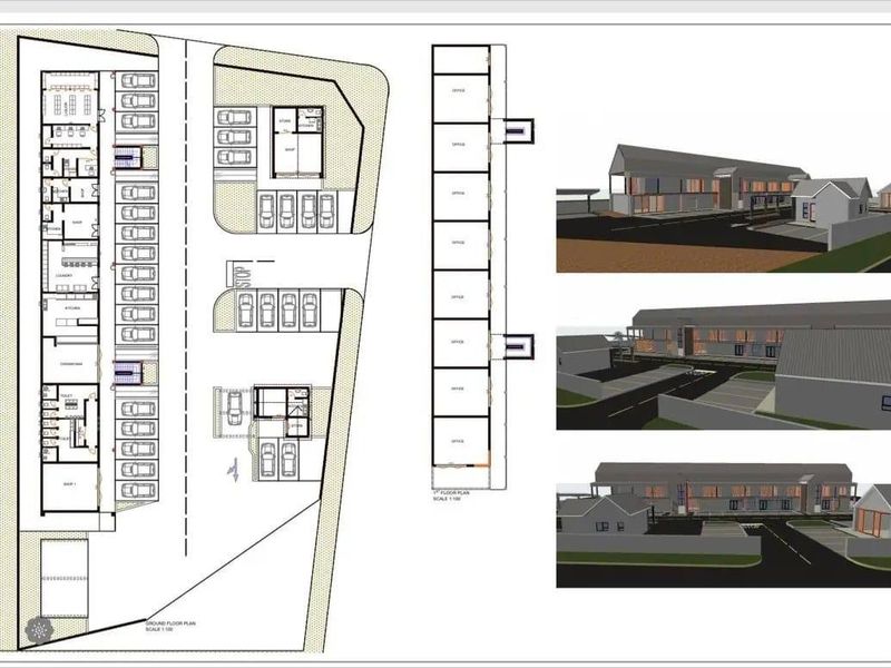Architectural floor plan and 3D conceptual renders for a proposed residential or commercial development featuring office spaces and parking facilities.