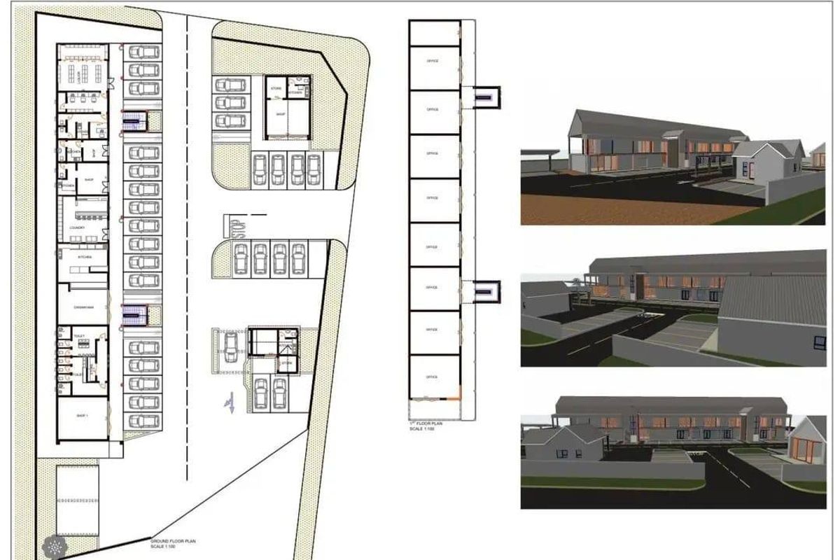Architectural floor plan and 3D conceptual renders for a proposed residential or commercial development featuring office spaces and parking facilities.