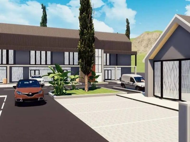 A digital architectural rendering of a modern residential complex featuring paved parking areas and landscaped garden beds.