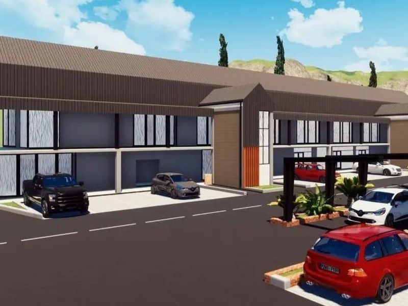 A 3D architectural rendering of a modern residential complex featuring a multi-level building with covered parking and paved driveway access.