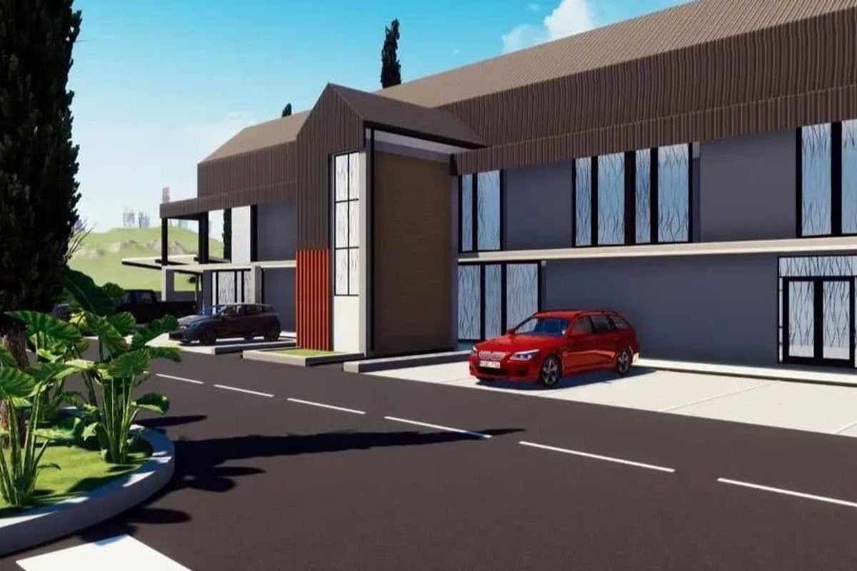A digital architectural rendering of a modern residential development featuring paved driveways, covered parking, and landscaped garden areas.