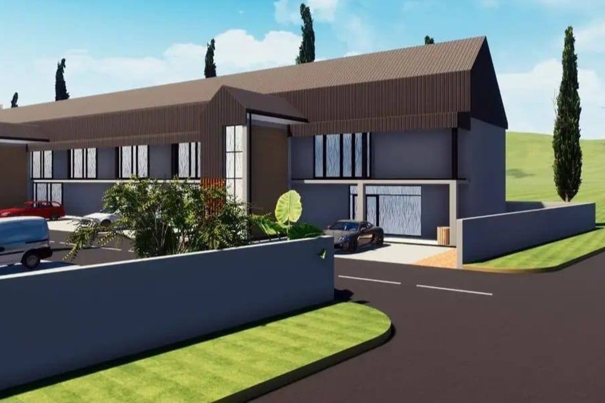 A digital architectural rendering of a modern residential building facade featuring a pitched roof design and a paved driveway.