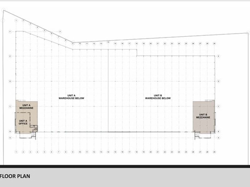 Architectural first floor plan showing the layout of Unit A and Unit B mezzanine and office spaces.