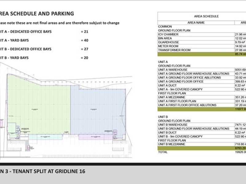Architectural floor plan and area schedule for an industrial property featuring a tenant split at gridline 16.