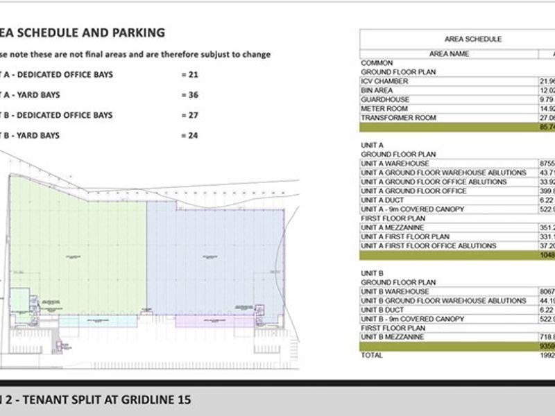 Architectural floor plan and area schedule detailing the tenant split, warehouse dimensions, and parking allocation for the industrial property.