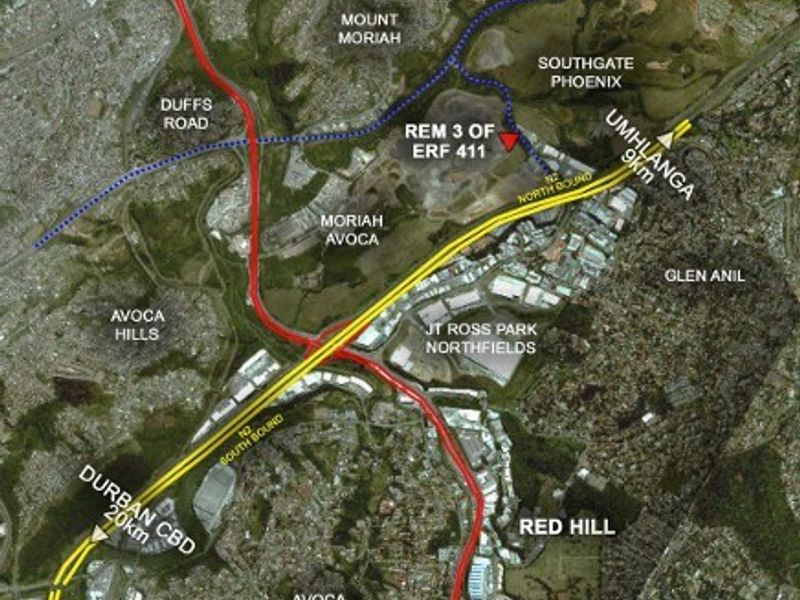 Aerial map view highlighting the location of Rem 3 of Erf 411 in relation to major roads and surrounding areas.