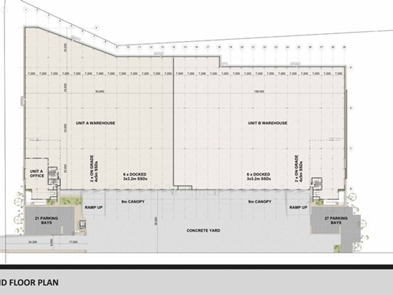 Ground floor plan showing two warehouse units with docked and on-grade loading access, concrete yard, and designated parking bays.