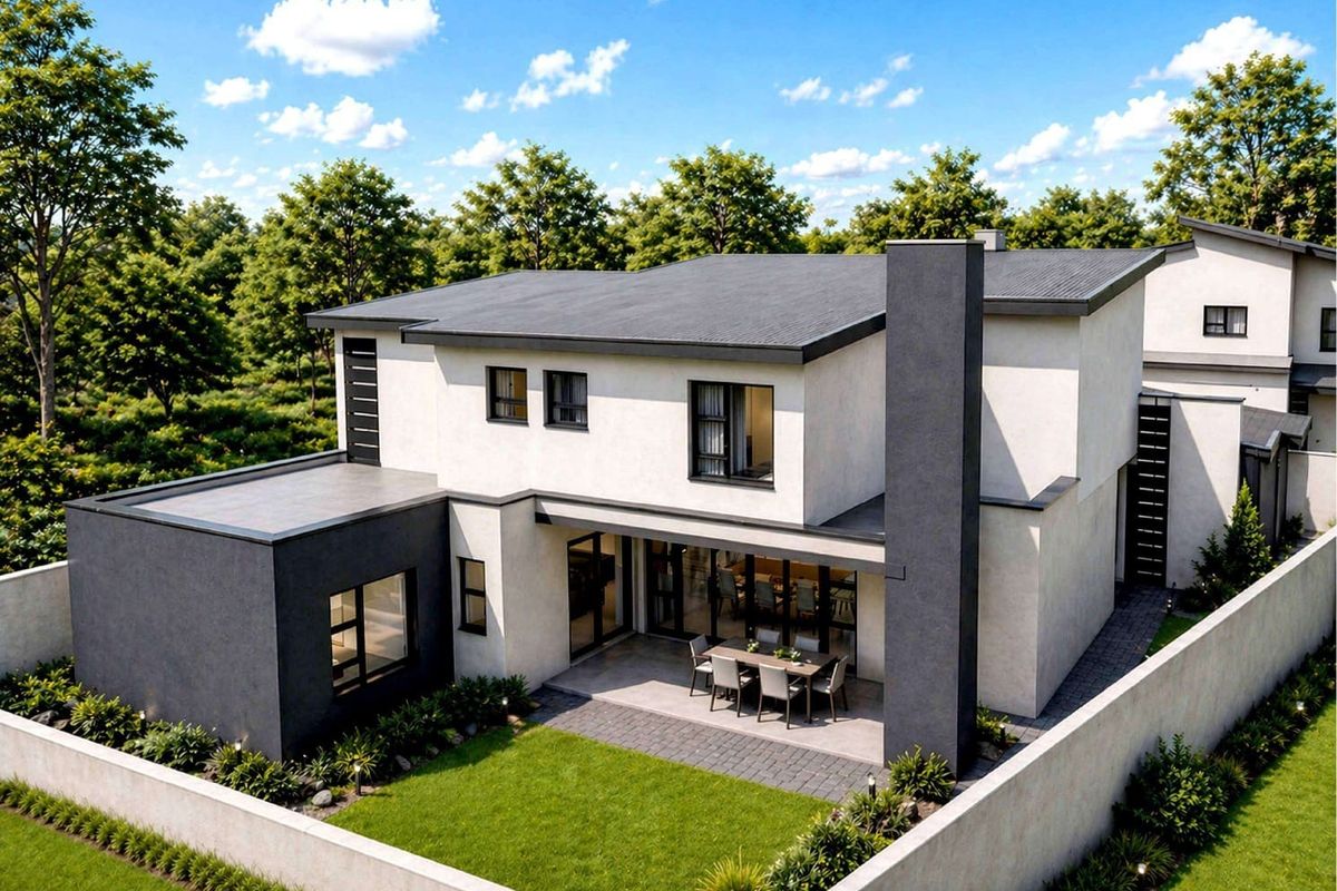 Rear view of a modern two-story house featuring a covered patio, landscaped garden, and a prominent chimney stack.