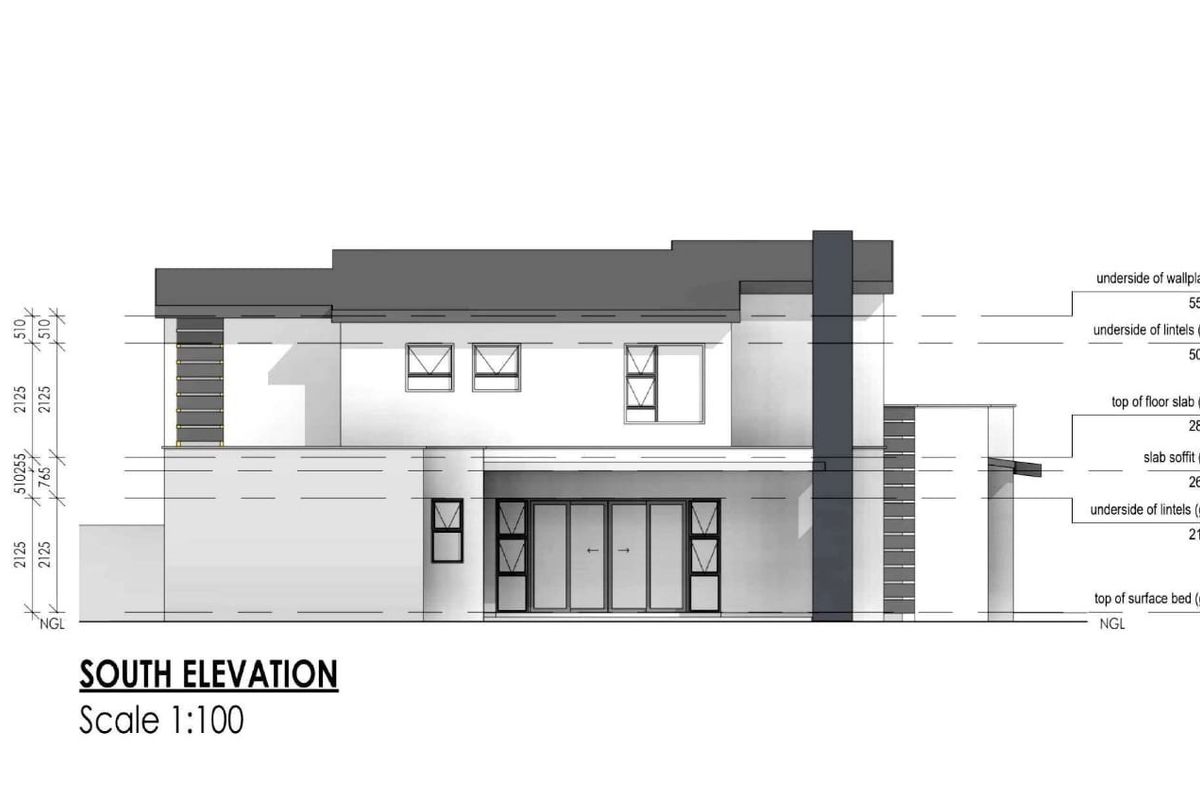 Architectural south elevation drawing showing the proposed building facade, window placement, and structural height dimensions.