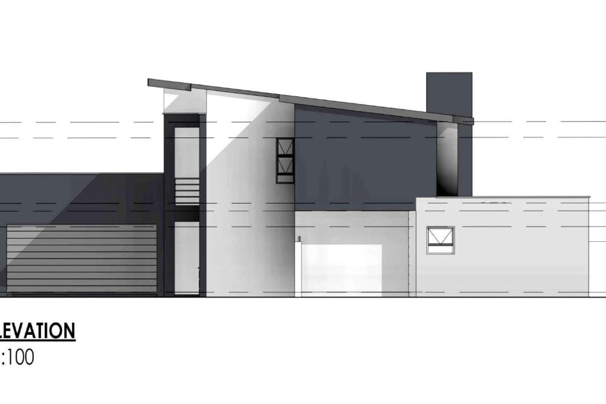 Architectural west elevation drawing showing the building facade, roofline, and structural height dimensions.