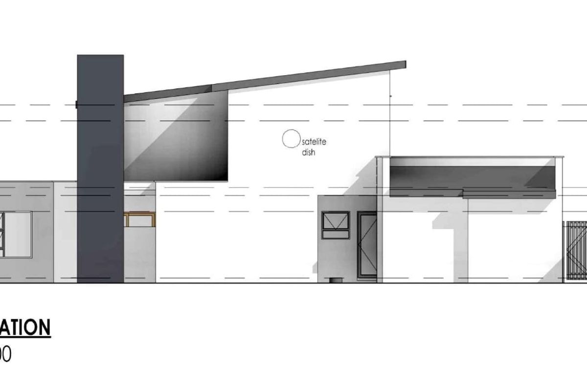 Architectural drawing showing the east elevation of the proposed house design with height measurements and structural details.