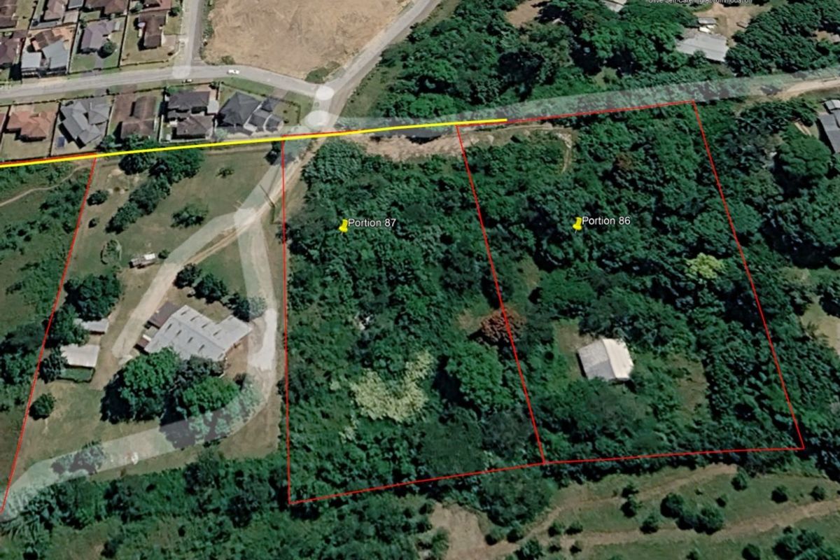 Aerial view of vacant residential land parcels, identified as Portion 86 and 87, featuring dense vegetation and surrounding neighborhood infrastructure.