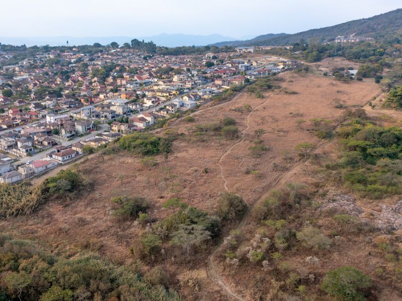 An aerial view showing the surrounding residential neighborhood and adjacent undeveloped natural landscape.