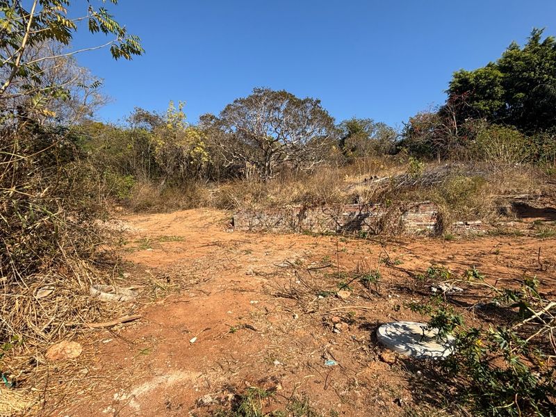 A vacant residential plot featuring natural vegetation, a small brick retaining wall, and an inspection cover set within a sloped landscape.