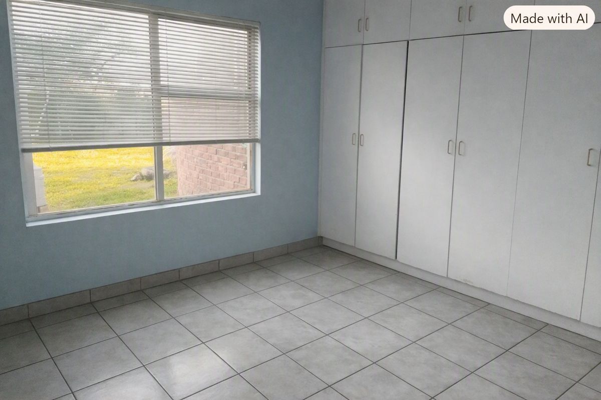 A clean, empty bedroom featuring neutral tiled flooring, built-in white cupboards, and a window with fitted venetian blinds.