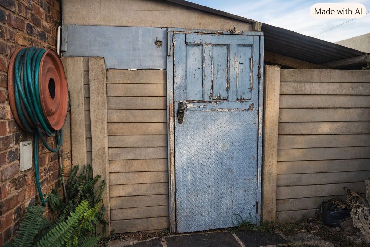 A weathered rear access door set within a precast concrete boundary wall, showing significant signs of wear and paint deterioration.