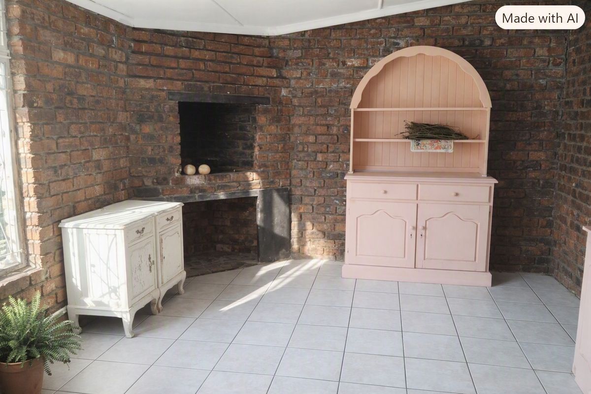 Living area featuring exposed brick walls, ceramic floor tiling, and a built-in brick fireplace.