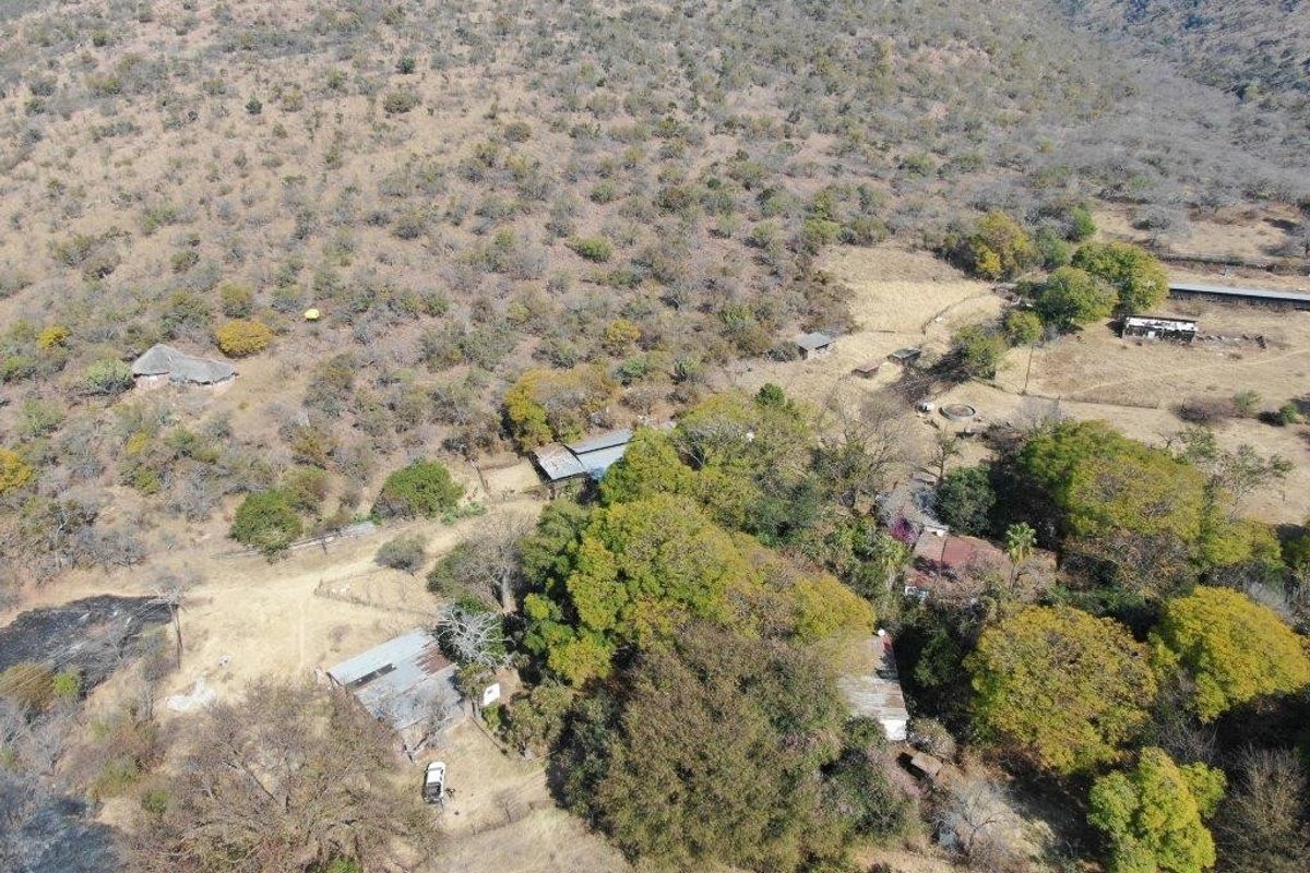 Aerial view of a rural farm property featuring multiple outbuildings with corrugated metal roofs set within a large, wooded landscape.