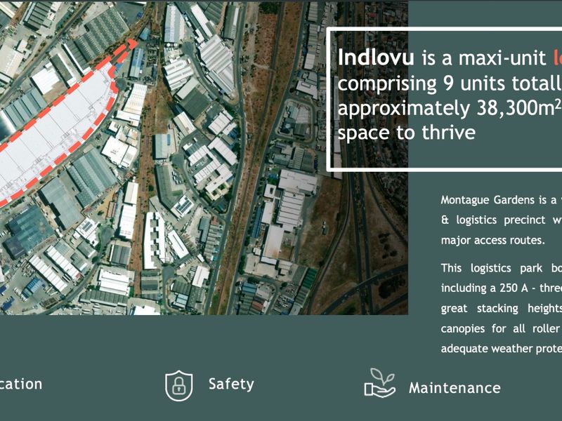Aerial view of the Indlovu logistics park in Montague Gardens, featuring nine industrial units with extensive loading infrastructure and prime location access.