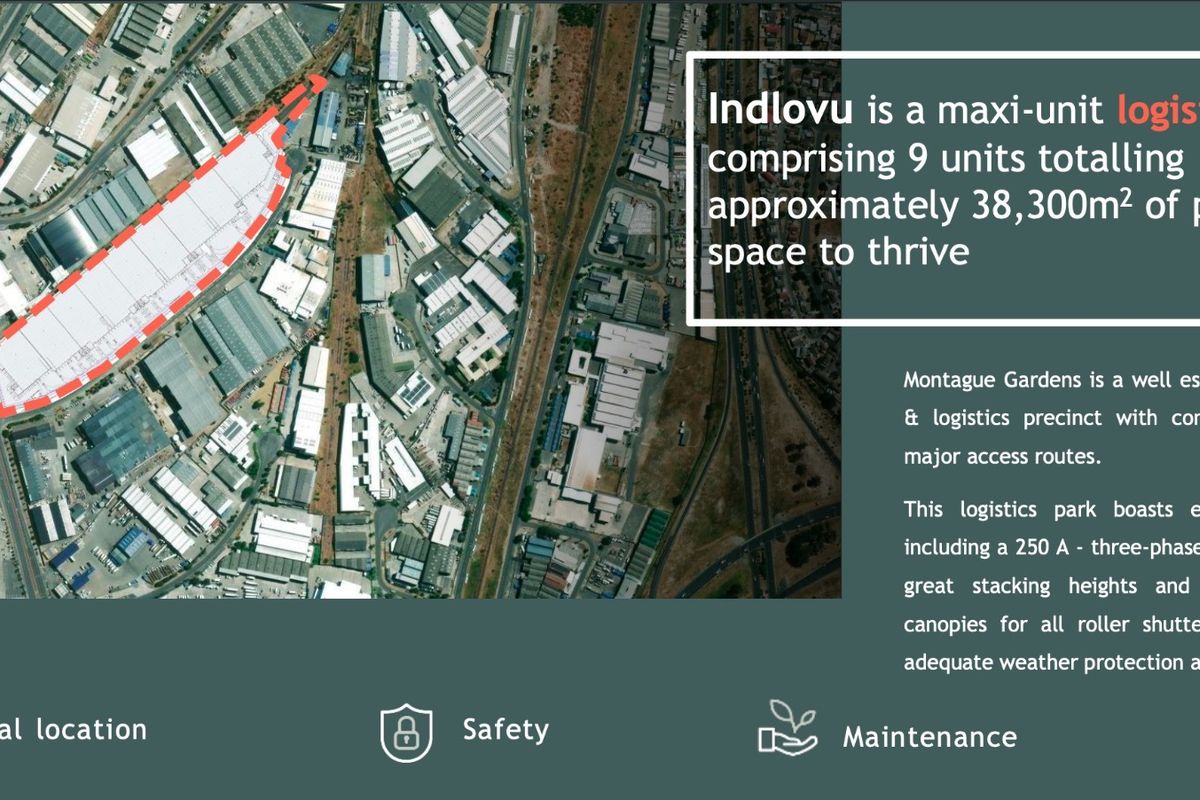 Aerial view of the Indlovu logistics park in Montague Gardens, featuring nine industrial units with extensive loading infrastructure and prime location access.