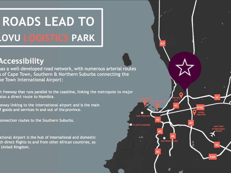 A map graphic illustrating the strategic location and road network accessibility of Indlovu Logistics Park in the Western Cape.