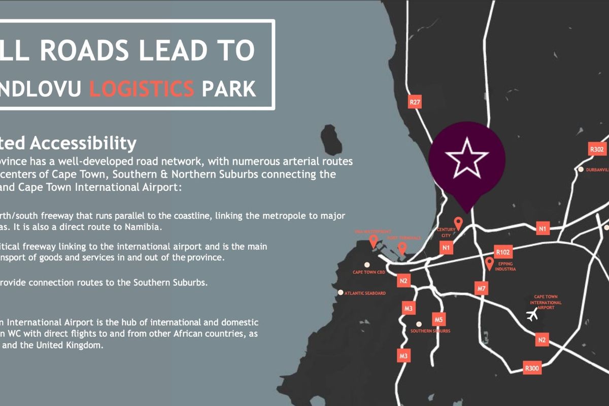 A map graphic illustrating the strategic location and road network accessibility of Indlovu Logistics Park in the Western Cape.