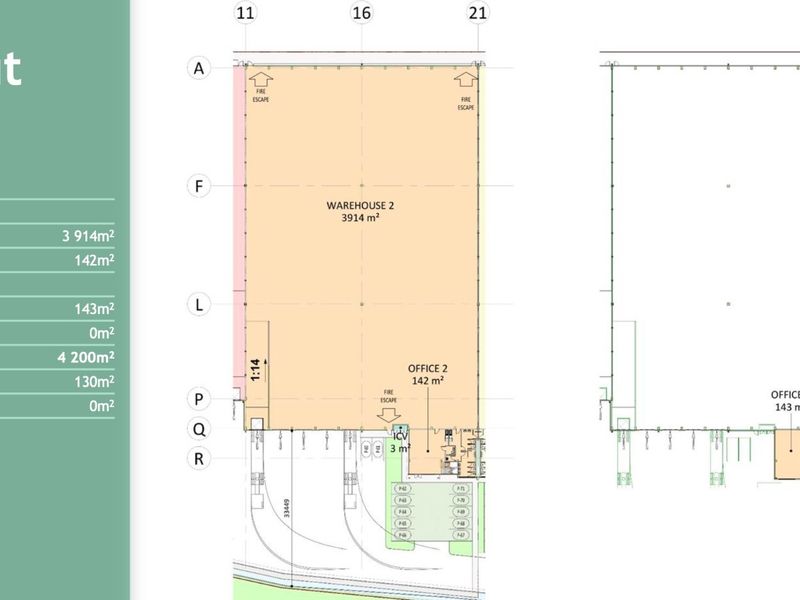 Architectural floor plan layout for Unit 2, detailing warehouse and office space dimensions across ground and first floor levels.