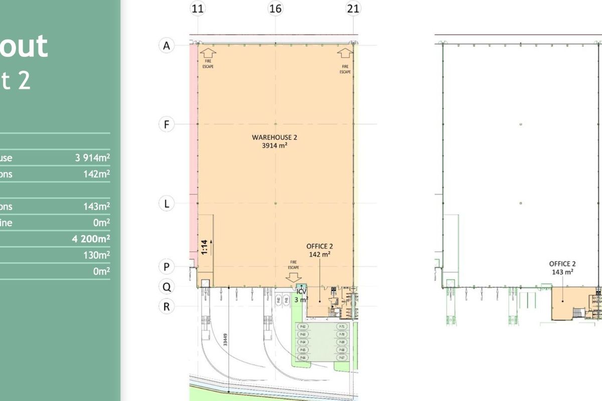 Architectural floor plan layout for Unit 2, detailing warehouse and office space dimensions across ground and first floor levels.