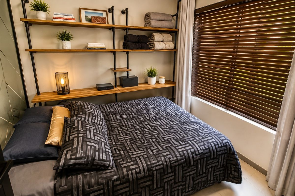 A well-maintained bedroom featuring built-in industrial-style shelving, tiled flooring, and venetian blinds with curtains for privacy.