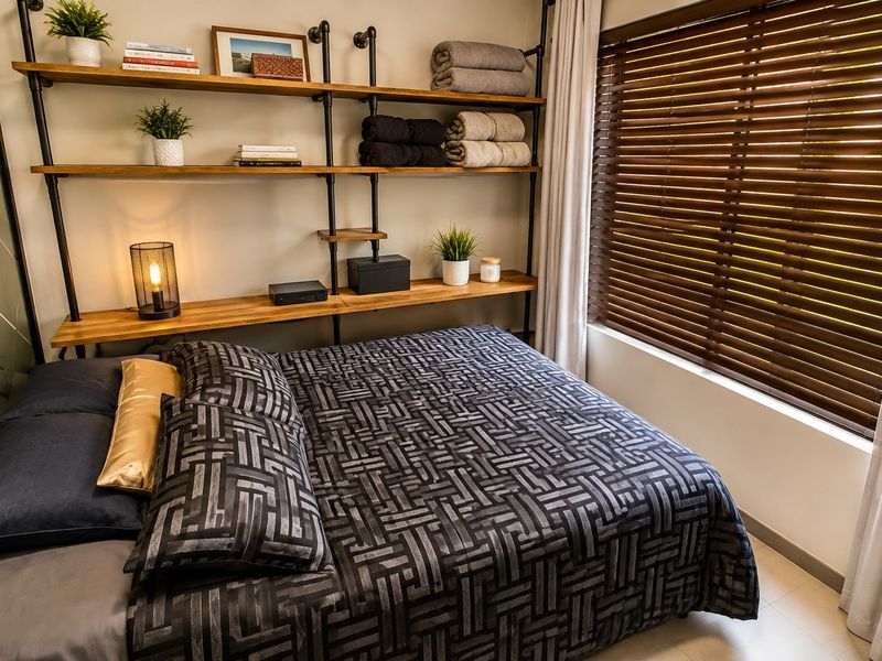 A well-maintained bedroom featuring built-in industrial-style shelving, tiled flooring, and venetian blinds with curtains for privacy.