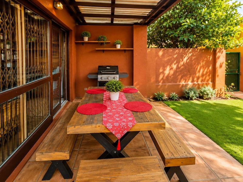 Covered patio area featuring a built-in braai, tiled flooring, and direct access to the garden through sliding doors with security gates.