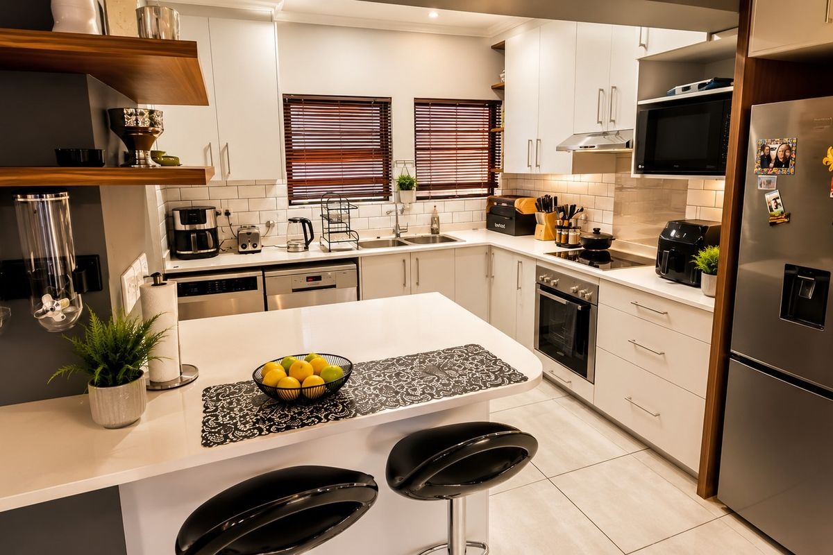 Modern kitchen featuring white cabinetry, stone countertops, subway tile backsplash, integrated appliances, and a functional breakfast bar island.