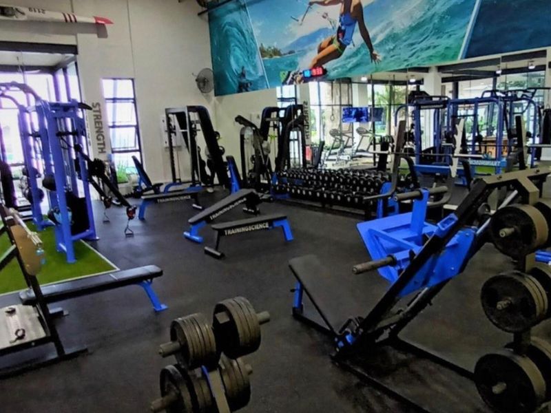 A well-equipped gym facility featuring rubberized flooring, large wall mirrors, and industrial-style lighting, suitable for professional fitness training.