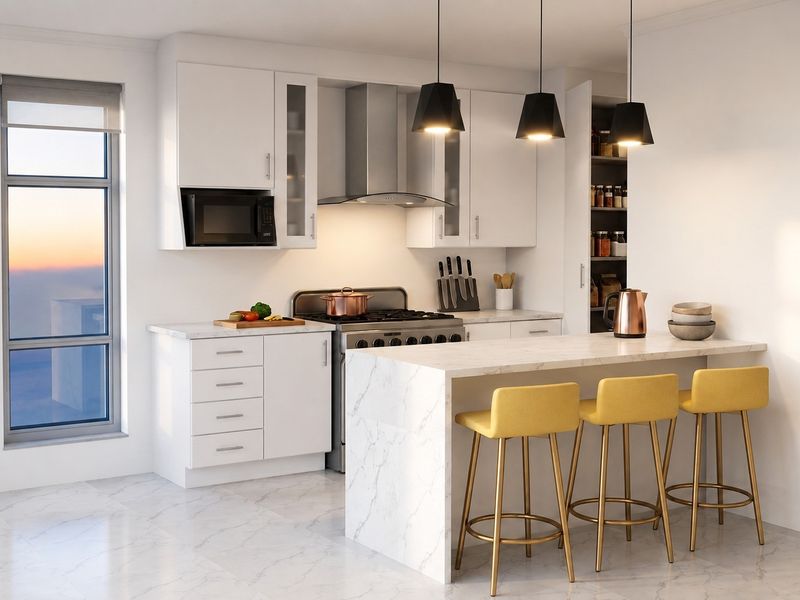 Modern kitchen featuring white cabinetry, marble-look stone island bench, stainless steel appliances, and integrated pantry storage with contemporary pendant lighting.
