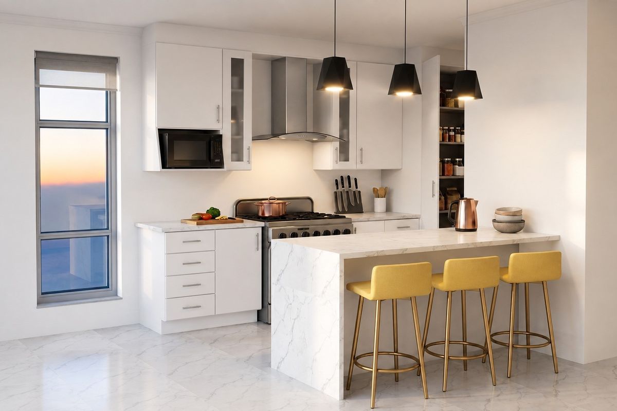 Modern kitchen featuring white cabinetry, marble-look stone island bench, stainless steel appliances, and integrated pantry storage with contemporary pendant lighting.