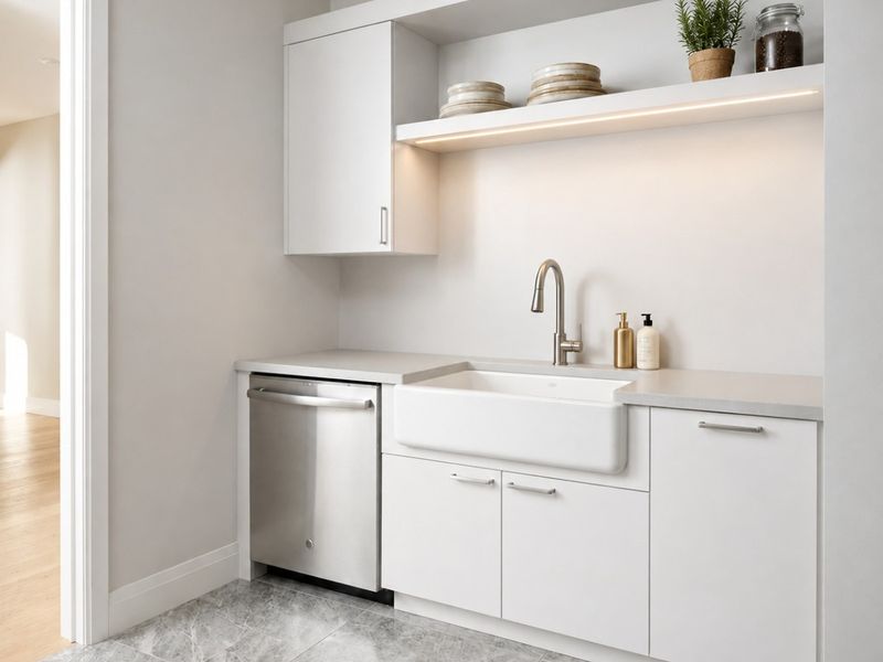 A modern, well-appointed scullery featuring a farmhouse sink, integrated dishwasher, sleek white cabinetry, and elegant marble-look flooring.