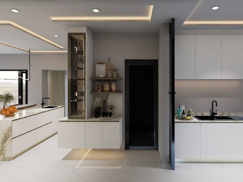 Modern, high-end kitchen featuring a marble island, sleek white cabinetry, integrated lighting, and premium black fixtures in a contemporary open-plan layout.