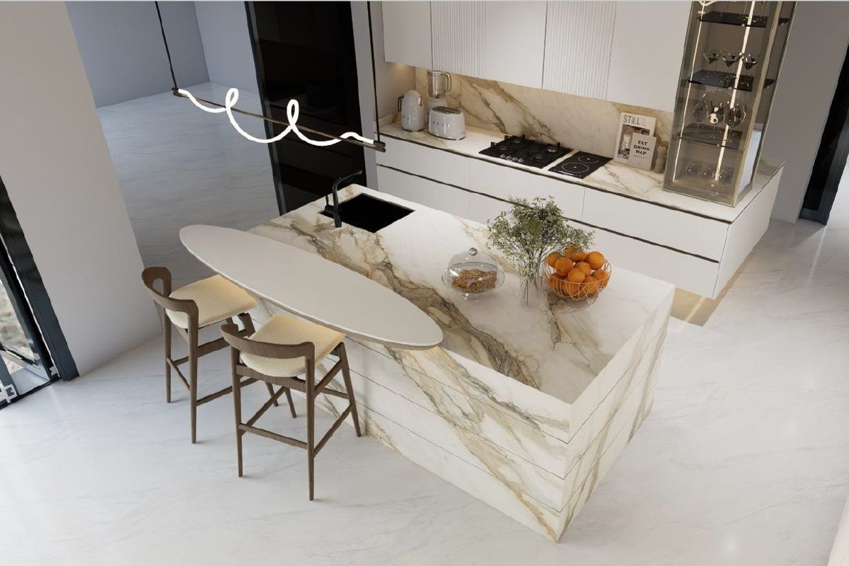 Modern luxury kitchen featuring a striking marble island with integrated sink, sleek handleless cabinetry, and high-end built-in appliances.