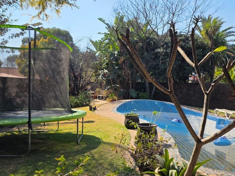A private backyard featuring a swimming pool with a safety net, surrounded by a paved deck and established garden with brick boundary walls.