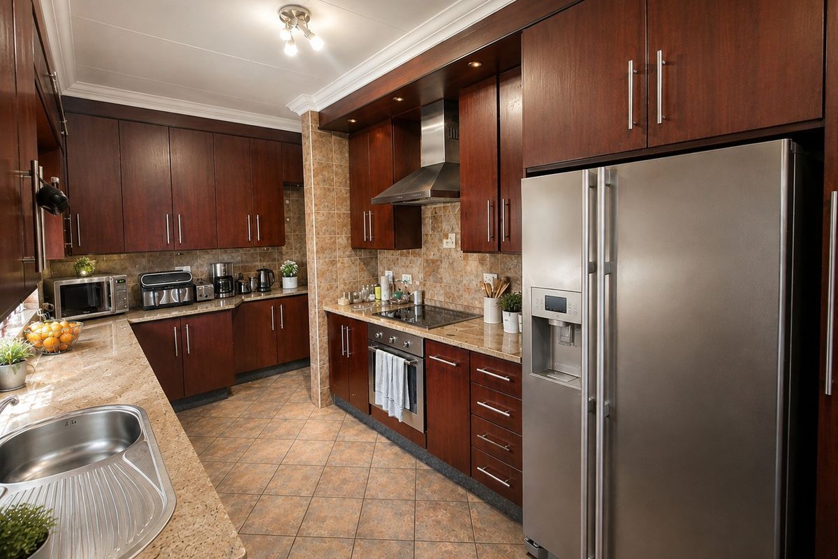A well-appointed kitchen featuring dark wood cabinetry, granite countertops, integrated stainless steel appliances, and tiled finishes throughout.