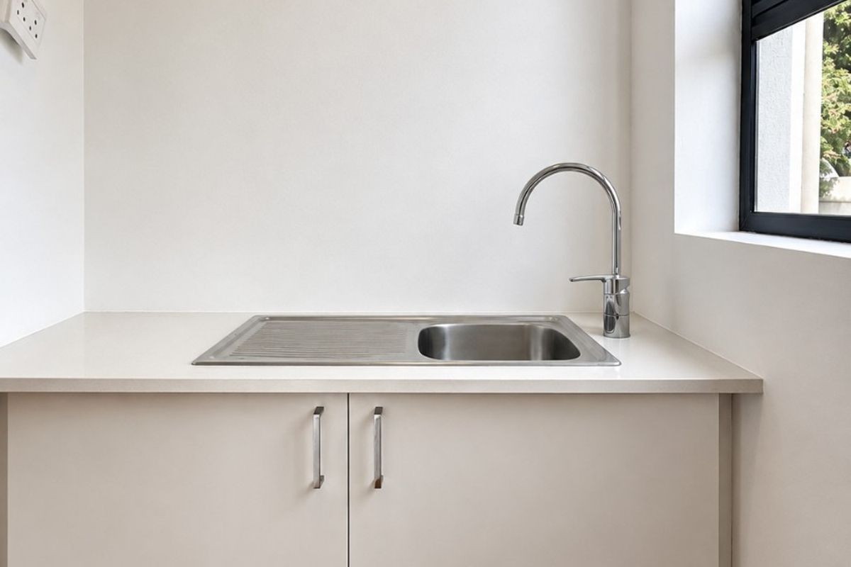 A clean and functional laundry area featuring a stainless steel sink, modern mixer tap, and built-in cabinetry with a stone countertop.