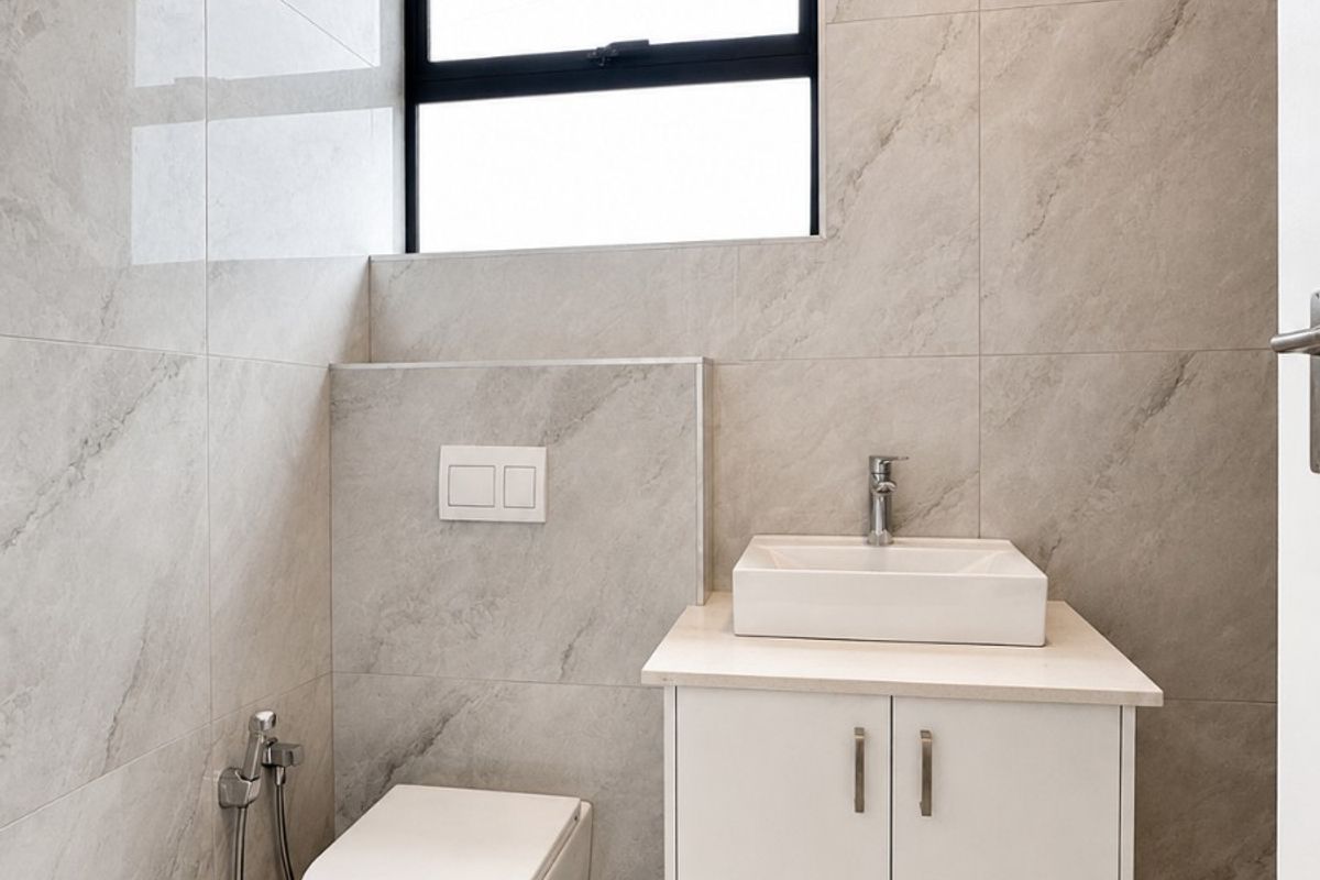 Modern bathroom featuring floor-to-ceiling stone-look tiling, a wall-mounted toilet, and a sleek vanity with a vessel sink.