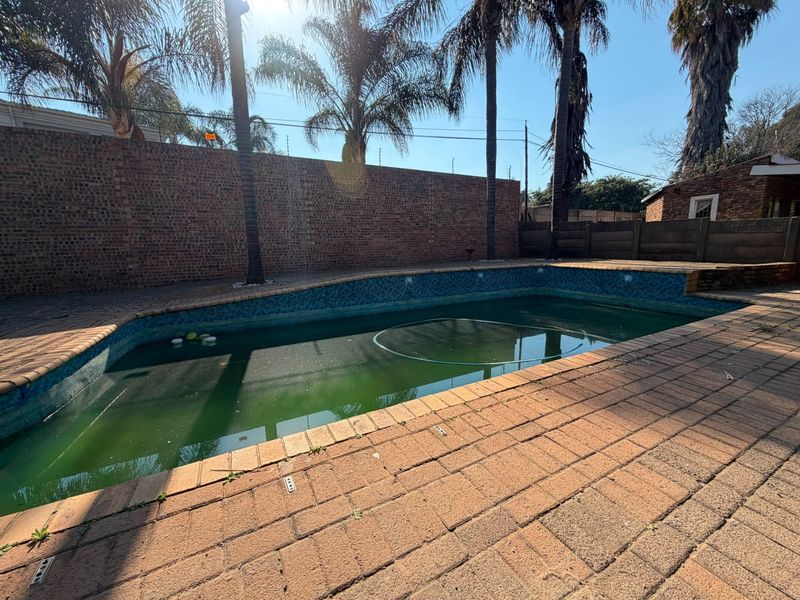 Outdoor swimming pool area featuring brick paving and perimeter walling, currently requiring maintenance and pool water treatment.