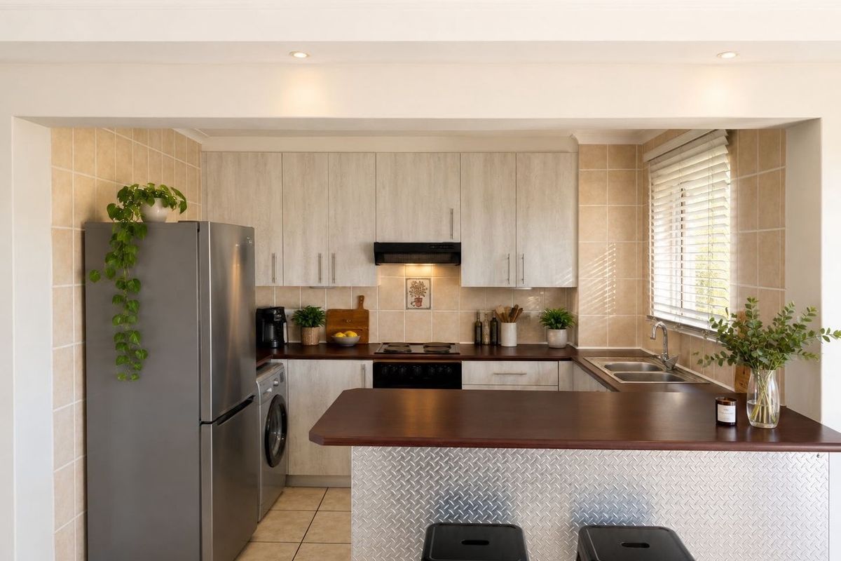 A functional kitchen featuring light wood-grain cabinetry, dark countertops, a breakfast bar, and integrated appliances with a tiled backsplash and flooring.