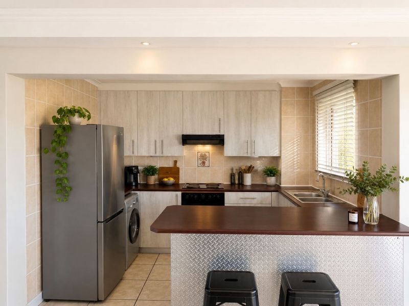A functional kitchen featuring light wood-grain cabinetry, dark countertops, a breakfast bar, and integrated appliances with a tiled backsplash and flooring.