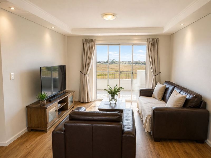 A bright and well-maintained living room featuring laminate flooring, recessed lighting, and a sliding glass door providing access to a balcony with scenic views.