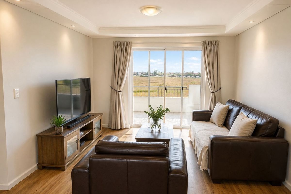 A bright and well-maintained living room featuring laminate flooring, recessed lighting, and a sliding glass door providing access to a balcony with scenic views.
