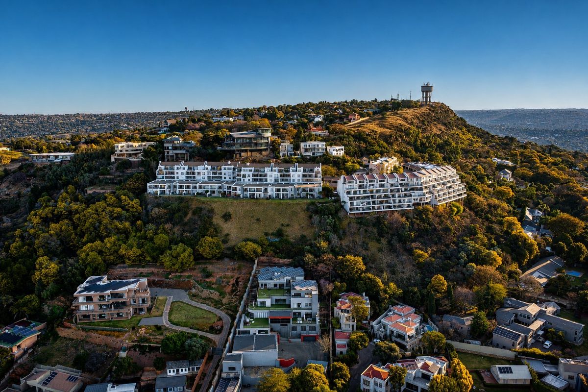 An aerial view of a residential hillside neighborhood featuring multi-story apartment complexes nestled within a landscaped, elevated terrain.